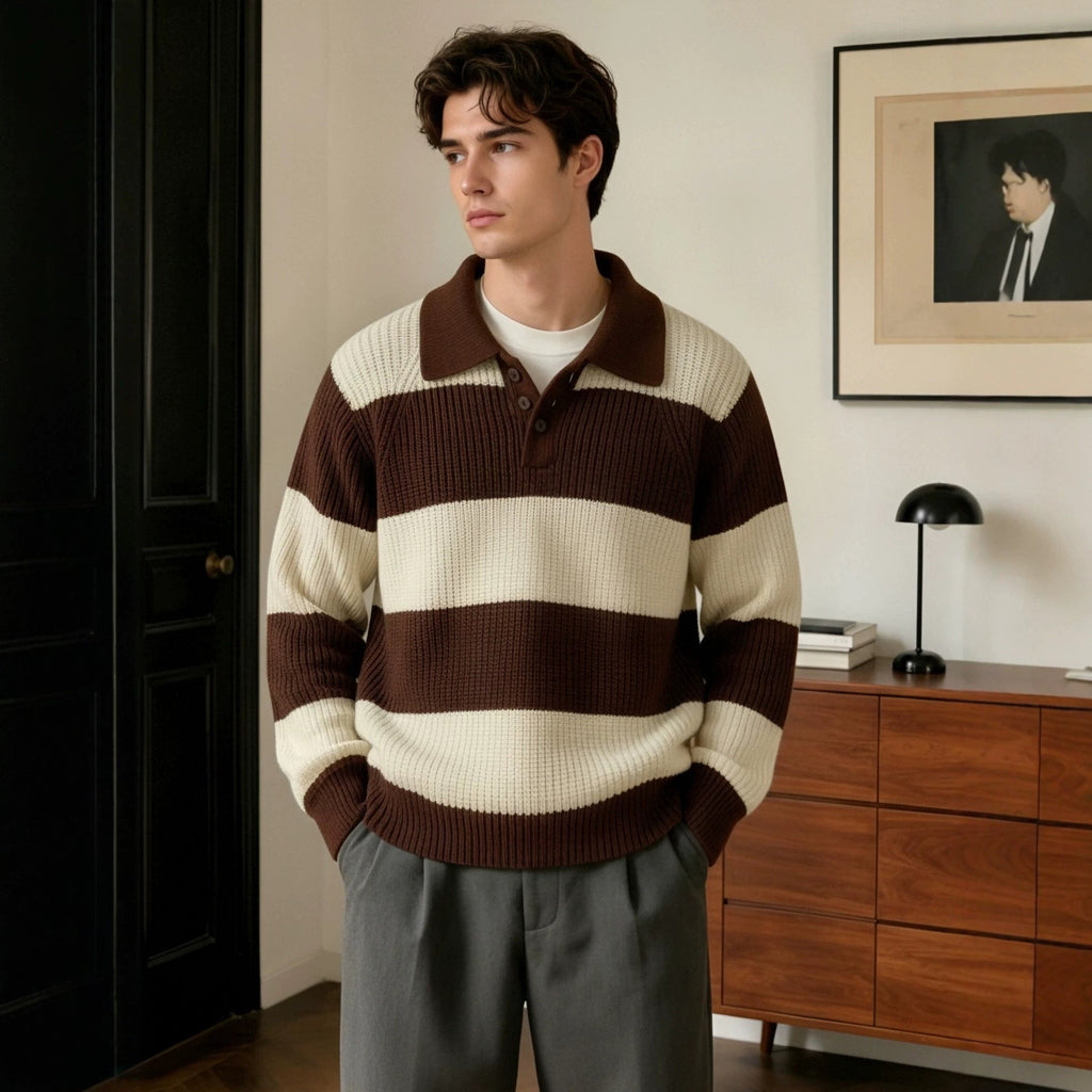Mens Drop-shoulder Striped Lapel Loose-fit Sweater