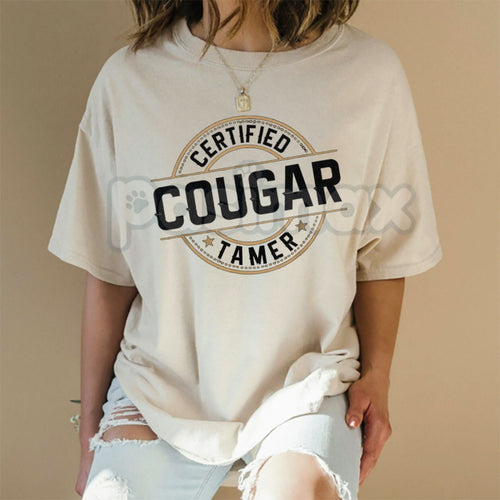"Certified Cougar Tamer" Funny Men's T-Shirt - Humorous Cougar Costume Graphic Tee, Premium 100% Cotton Sarcastic Men's Gift, Witty Adult Humor Bachelor Party Top, Soft Lived-In Heavyweight Casual Apparel, Funny Pick-Up Artist Statement Shirt