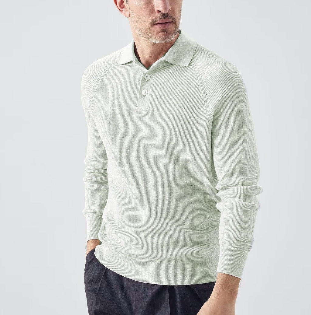 Mens Solid-Color Lapel Long-Sleeve Sweater Top
