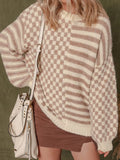 Checkerboard & Striped Pattern Knit Sweater