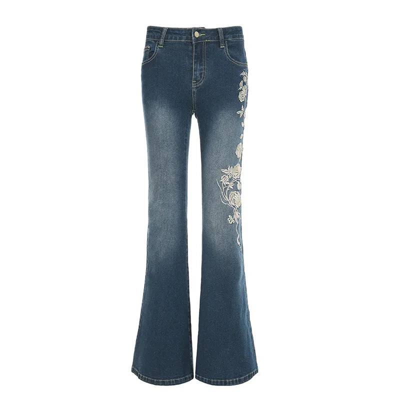 Denim Trousers Y2K Flare Pants Jeans Women Embroidery Boot Cut Low