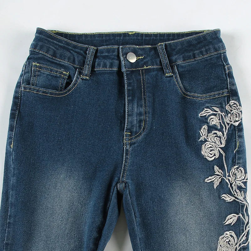 Denim Trousers Y2K Flare Pants Jeans Women Embroidery Boot Cut Low