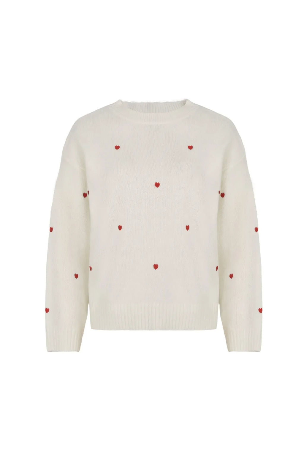 Women's Cream Red Heart Embroidered  Knit Sweater Crew Neck Long Sleeve Casual Pullover Fashion Comfortable Top