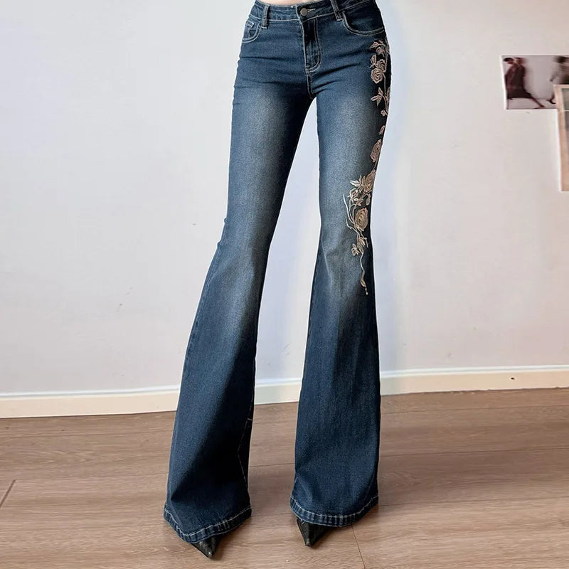 Denim Trousers Y2K Flare Pants Jeans Women Embroidery Boot Cut Low