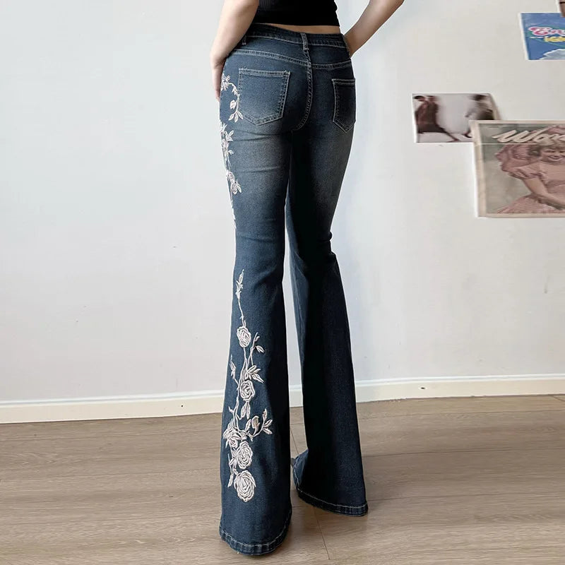 Denim Trousers Y2K Flare Pants Jeans Women Embroidery Boot Cut Low