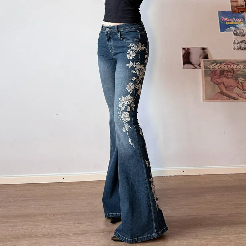 Denim Trousers Y2K Flare Pants Jeans Women Embroidery Boot Cut Low