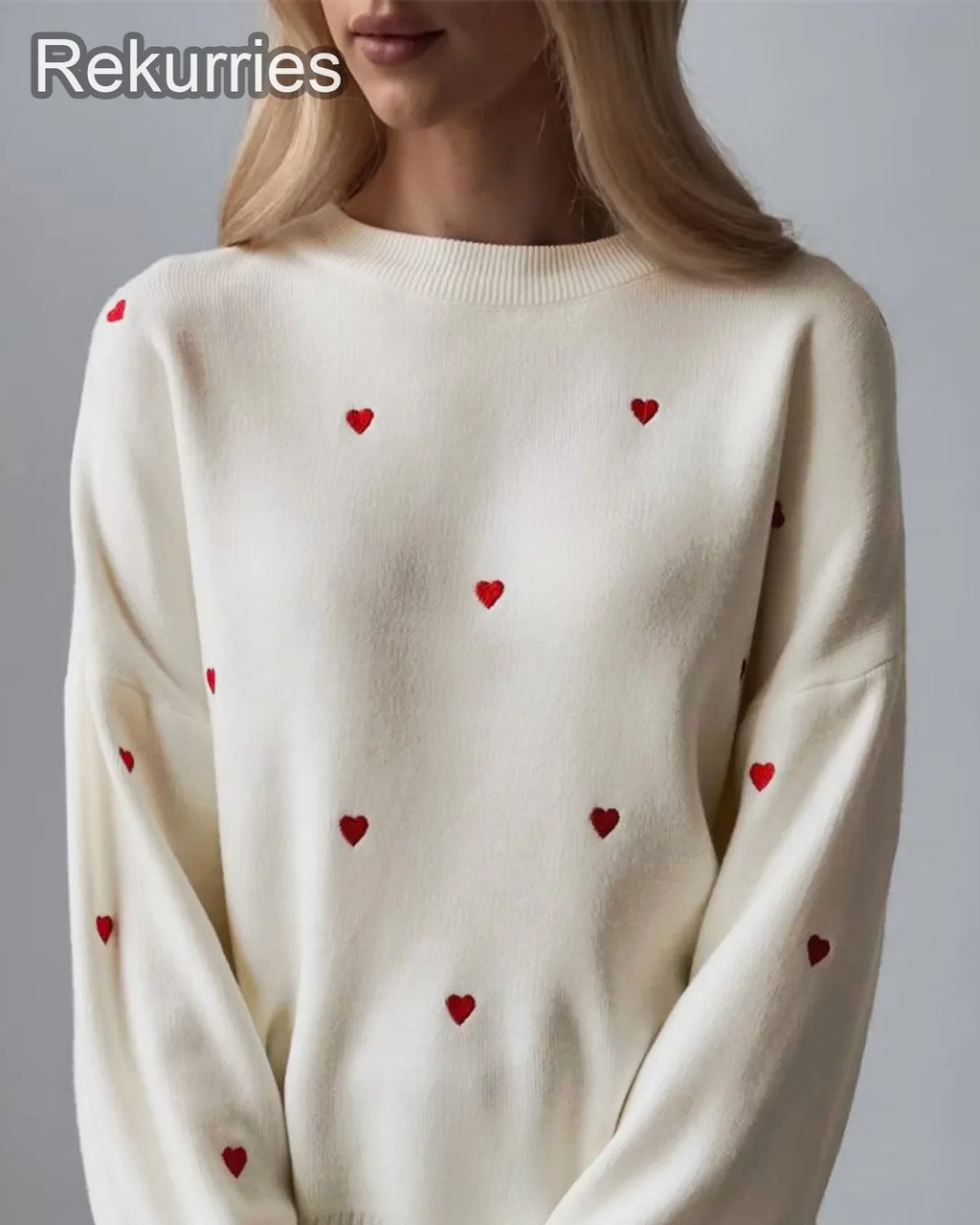 Women's Cream Red Heart Embroidered  Knit Sweater Crew Neck Long Sleeve Casual Pullover Fashion Comfortable Top