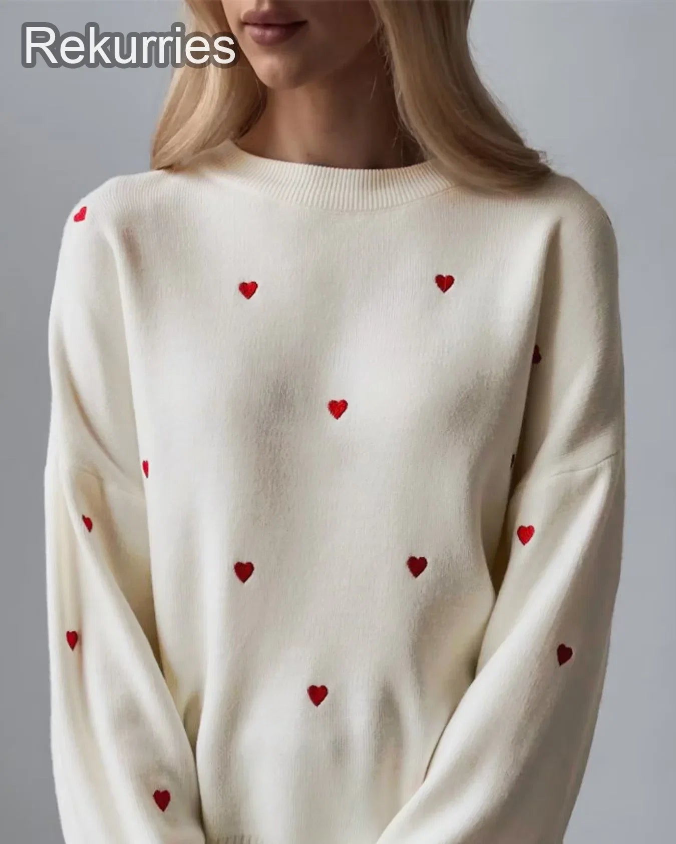 Women's Cream Red Heart Embroidered  Knit Sweater Crew Neck Long Sleeve Casual Pullover Fashion Comfortable Top