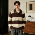 Mens Drop-shoulder Striped Lapel Loose-fit Sweater